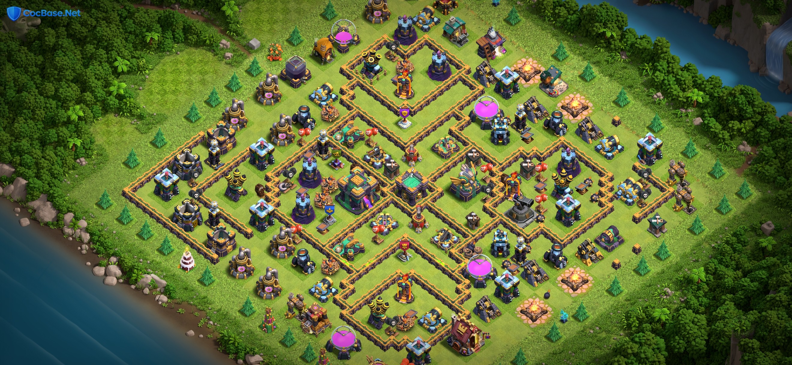 TH14 Anti 3 Star War Base Layout with Central Eagle Artillery & Poison Tower Core